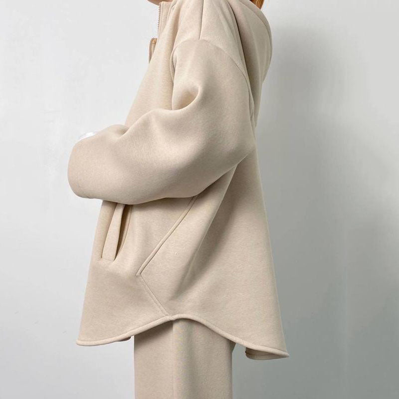 Damen Oversized Fleece-Set mit Stehkragen und seitlichen Taschen EB