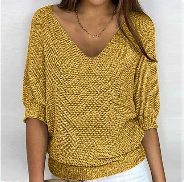 Damen nan lässiger Strickpullover mit V-Ausschnitt und Fledermausärmeln EB
