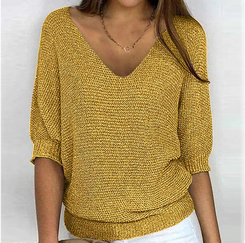 Damen nan lässiger Strickpullover mit V-Ausschnitt und Fledermausärmeln EB