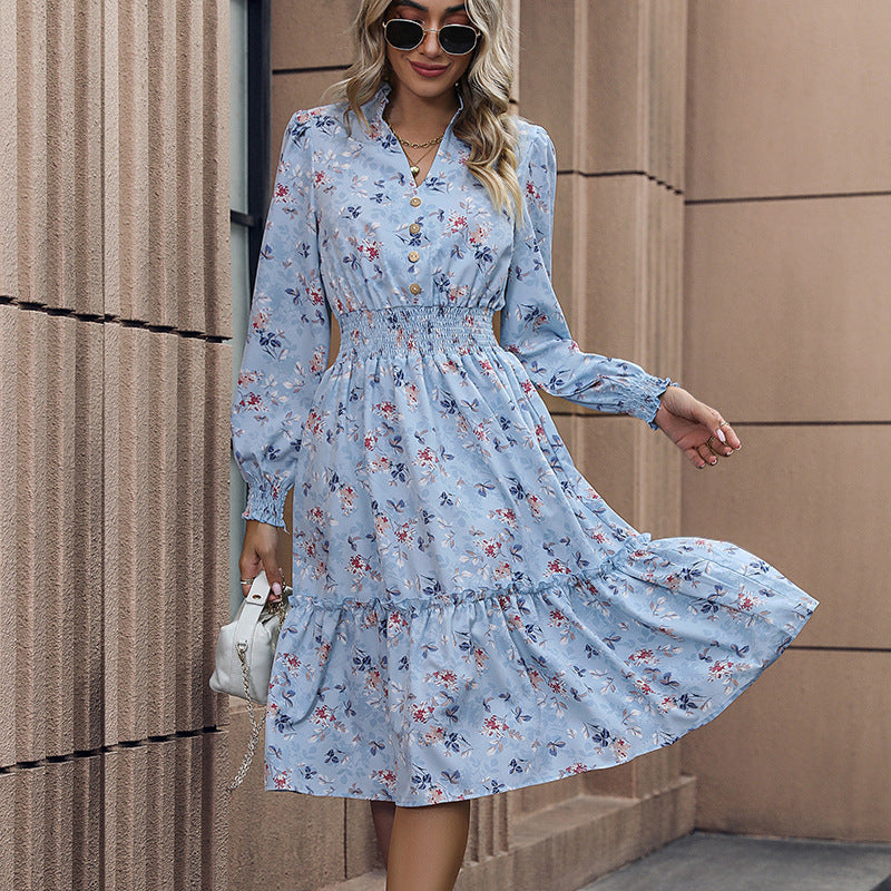 Damen Romantisches Midikleid mit floralem Design und Taillengürtel EB