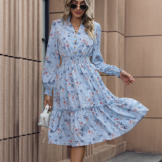 Damen Romantisches Midikleid mit floralem Design und Taillengürtel EB