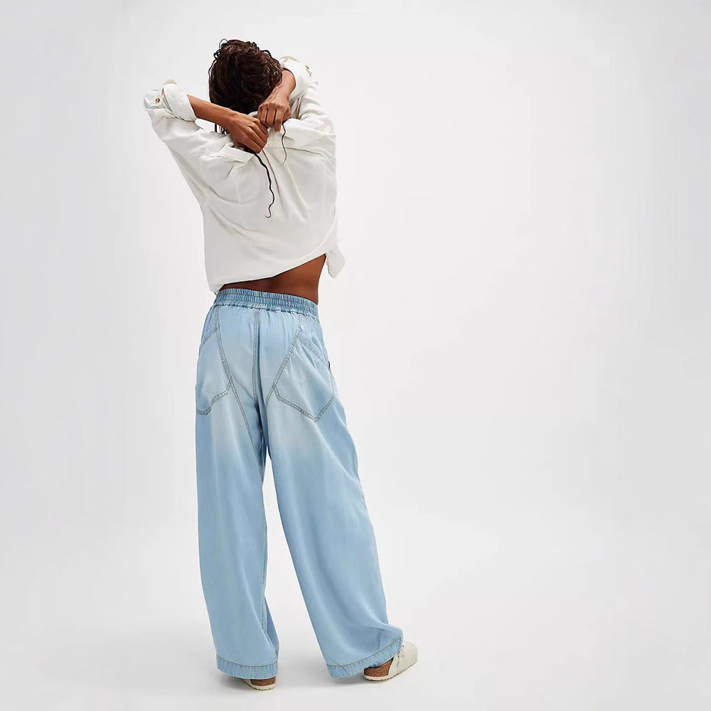Damen Lässige weite Denim-Jeans mit elastischem Bund und praktischen Taschen EB
