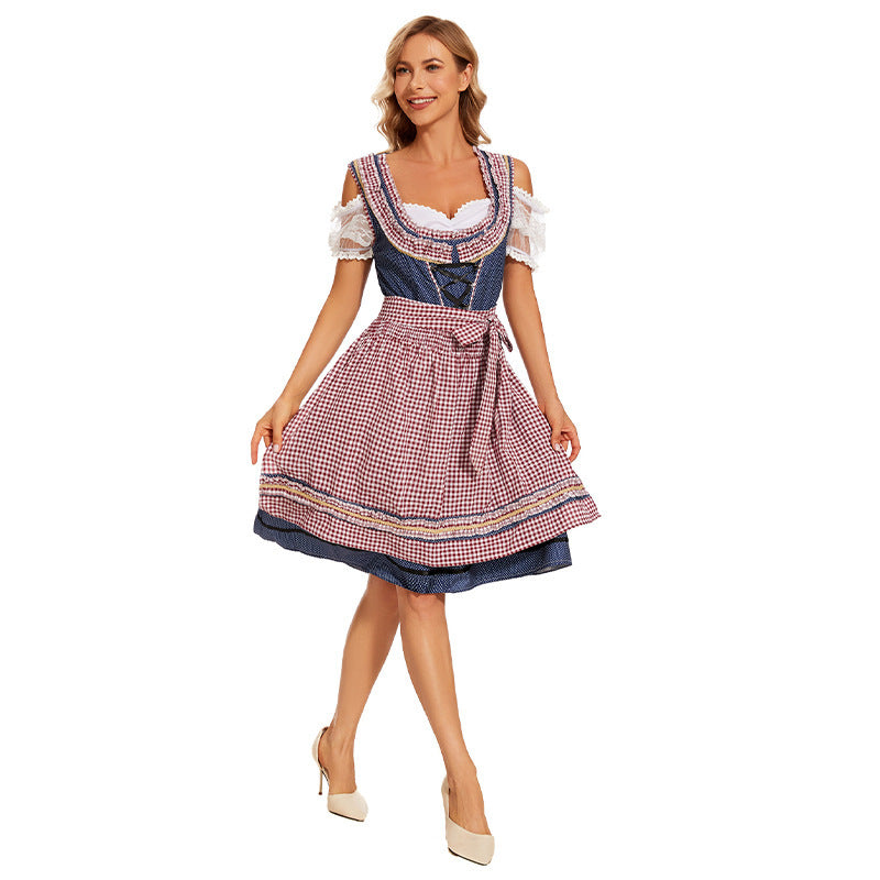 Damen nan traditionelles Trachtenkleid mit Schnürmieder, Spitzenärmeln und karierter Schürze EB