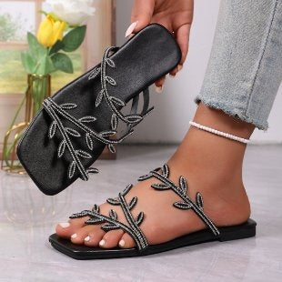 Damen dekorative Zehentrenner-Sandalen mit funkelndem Blattmuster EB