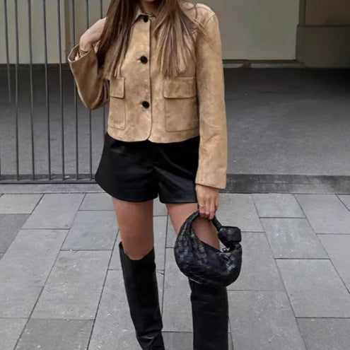 Damen Wildlederimitat Jacke mit Knopfleiste und Taschen EB