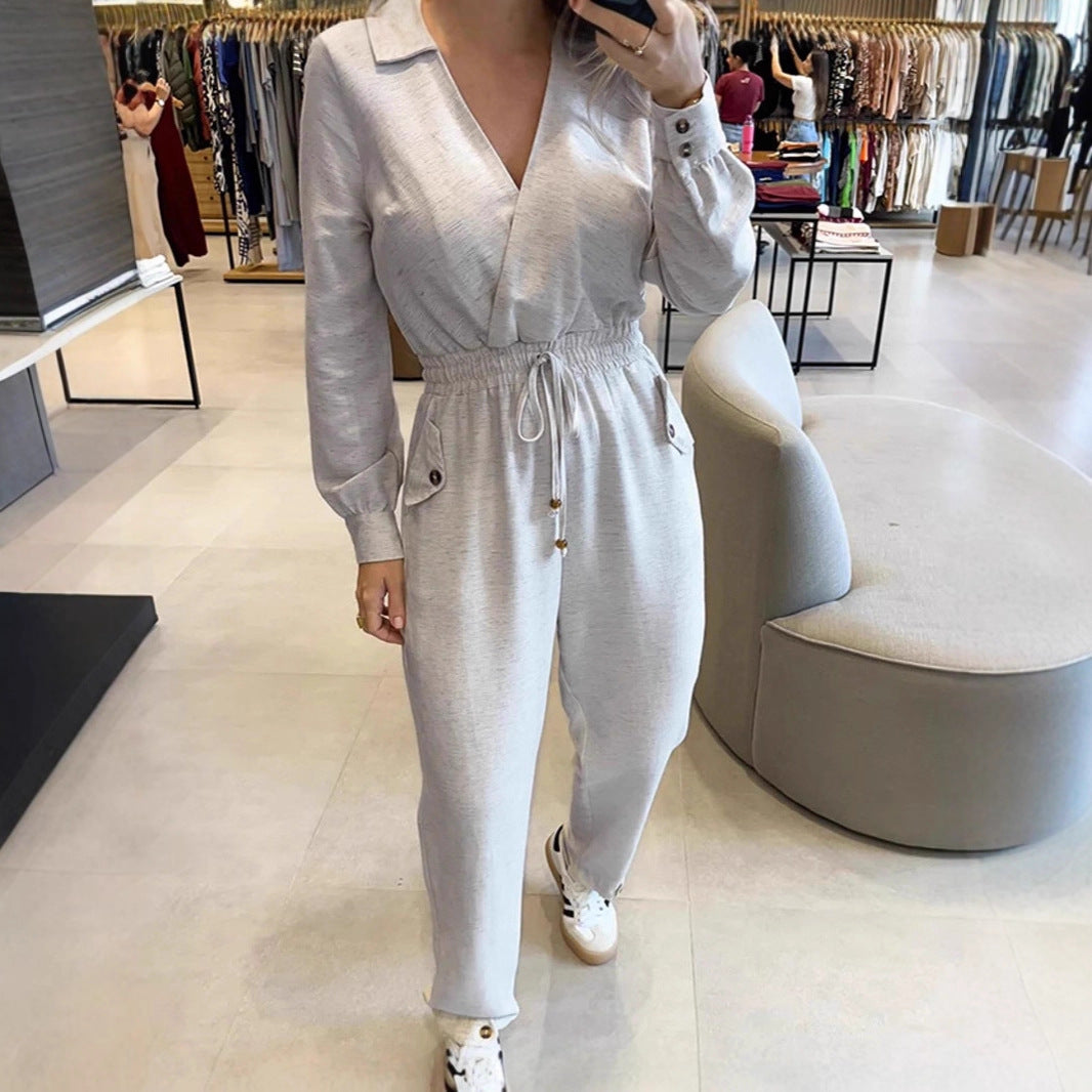 Damen Lässiger Jersey-Overall mit Wickelkragen, Kordel-Taille und aufgesetzten Knopf-Taschen EB