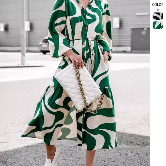 Damen Langarm Hemdblusenkleid mit modischem Muster und Taillengürtel EB