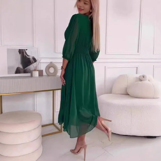 Damen Midikleid mit raffiniertem V-Ausschnitt und Puffärmeln EB