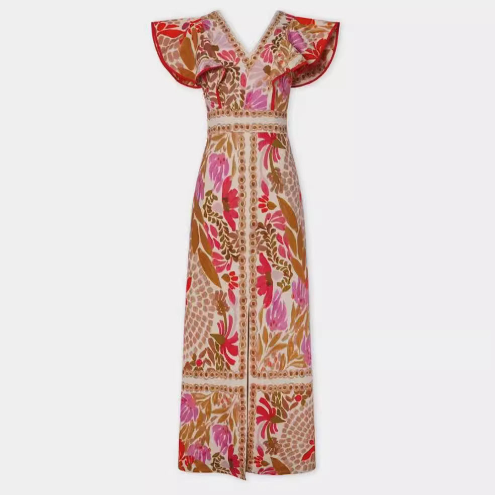 Damen Maxikleid mit farbenfrohem floralem Muster und Volantärmel EB