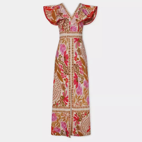 Damen Maxikleid mit farbenfrohem floralem Muster und Volantärmel EB