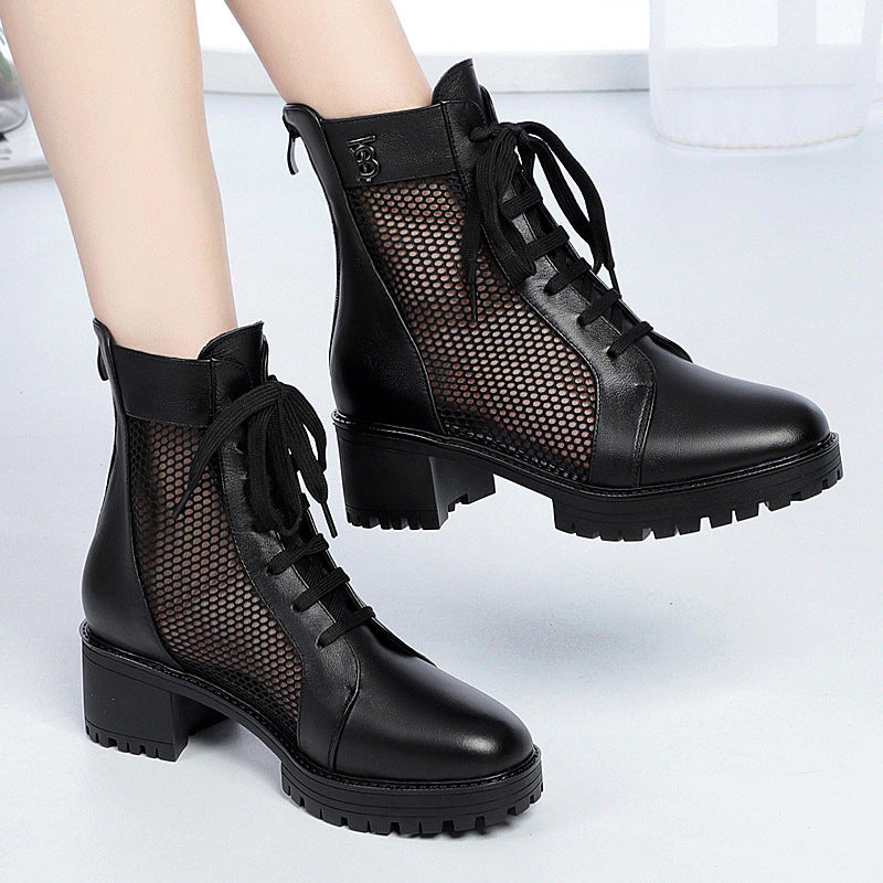 Damen Trendige Schnür-Stiefeletten mit Mesh-Einsatz und robustem Blockabsatz EB
