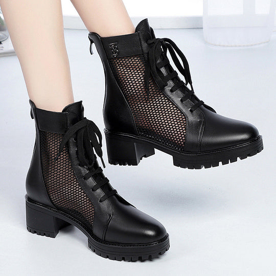 Damen Trendige Schnür-Stiefeletten mit Mesh-Einsatz und robustem Blockabsatz EB
