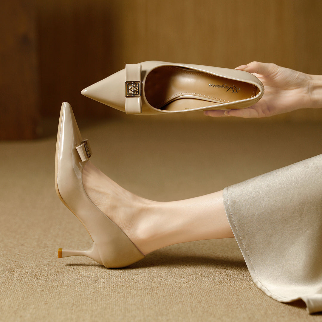Damen elegante Pumps mit einzigartigem Schleifenakzent und komfortablem Blockabsatz EB