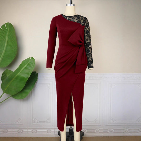 Damen elegantes Etuikleid mit aufwendigem Spitzenärmel und drapiertem Saum EB