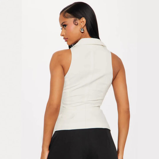 Damen elegant geschnittenes Wickeloberteil mit Knopfleiste und Kragen EB