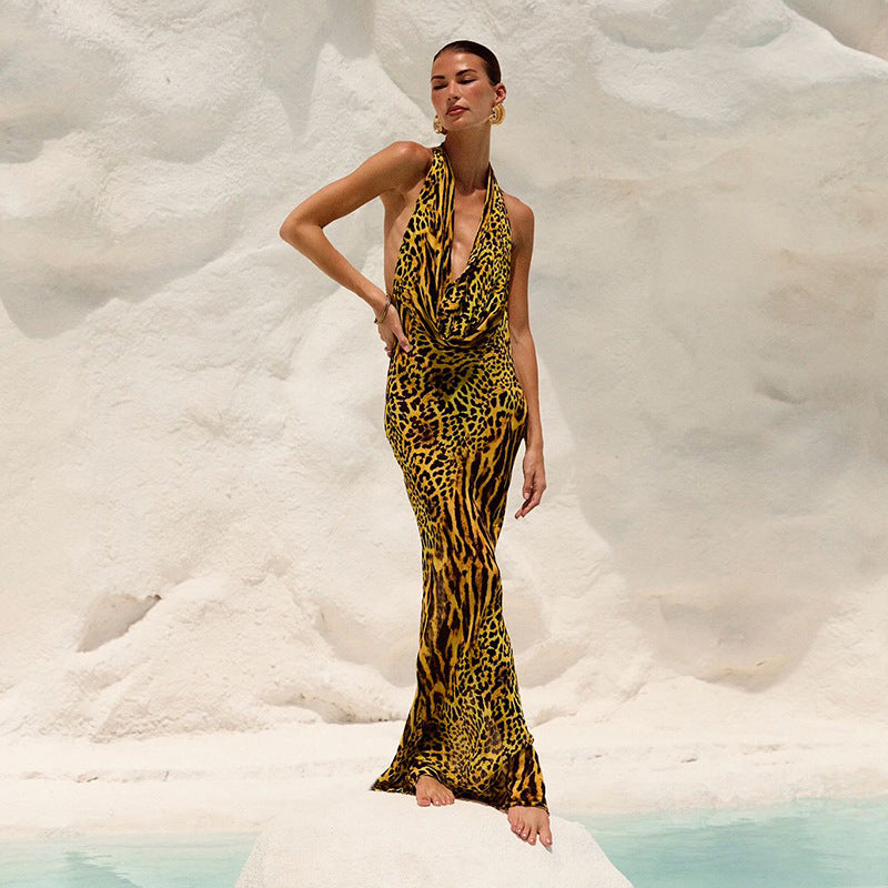 Damen Langarm-Maxikleid mit gerafftem Ausschnitt und animalischem Muster EB