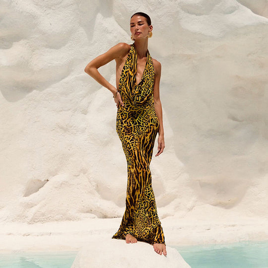 Damen Langarm-Maxikleid mit gerafftem Ausschnitt und animalischem Muster EB