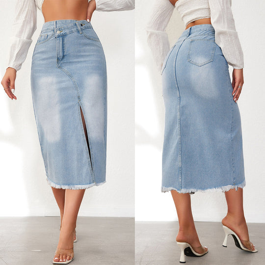 Damen Denim-Midi-Rock mit hohem Schlitz und ausgefranstem Saum EB