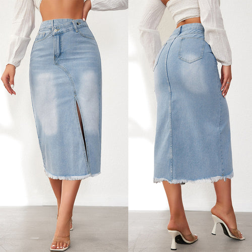Damen Denim-Midi-Rock mit hohem Schlitz und ausgefranstem Saum EB