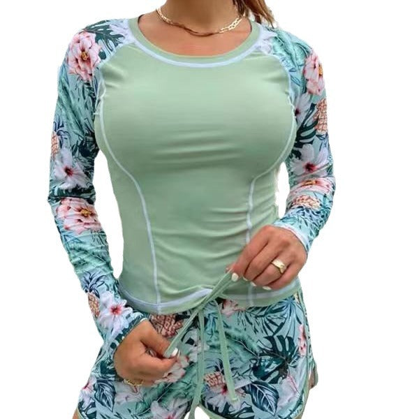 Damen Sportliches Langarm-Badeoberteil mit floralem Design und Shorts EB