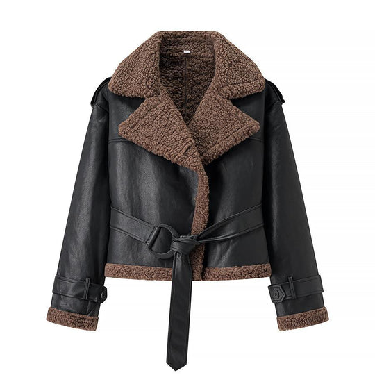 Damen Kunstlederjacke mit Teddy-Futter und taillierbarem Gürtel EB