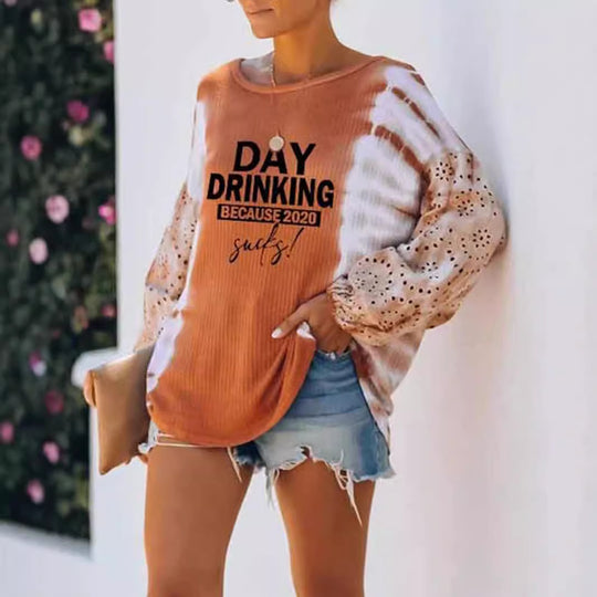 Damen Oversize Langarmshirt im Boho-Look mit Puffärmeln und Statement-Print EB