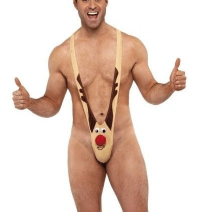Männliches Neuheits-Urlaubs-Rentier-Mankini mit spielerischem Geweihbeutel