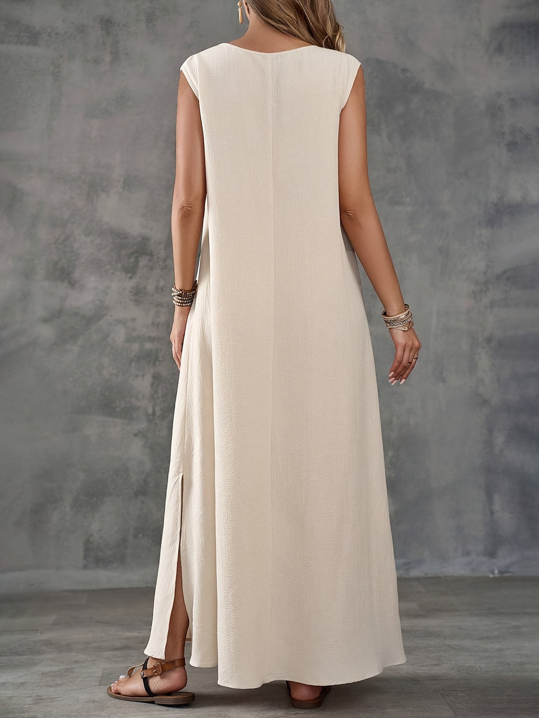 Damen Maxi-Strandkleid mit elegantem V-Ausschnitt und seitlichem Schlitz EB