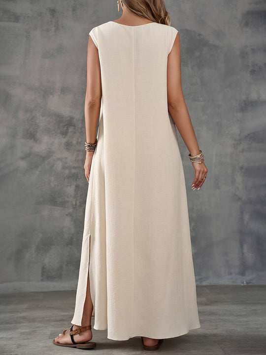 Damen Maxi-Strandkleid mit elegantem V-Ausschnitt und seitlichem Schlitz EB