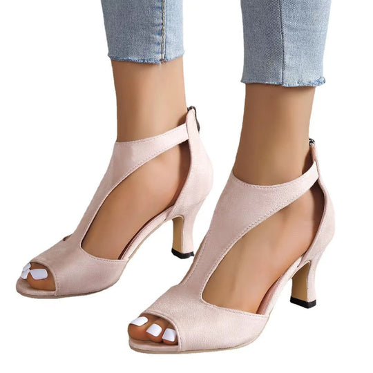 Damen Peeptoe-Sandaletten mit T-Riemen, Reißverschluss hinten und mittelhohem geschwungenem Absatz EB