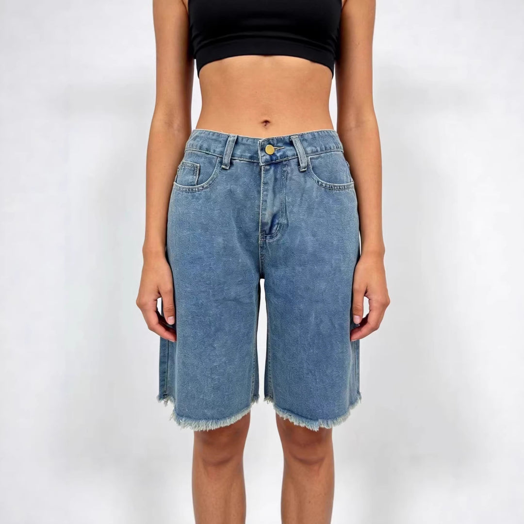 Damen lässige Denim-Shorts mit ausgefransten Säumen und hoher Taille EB