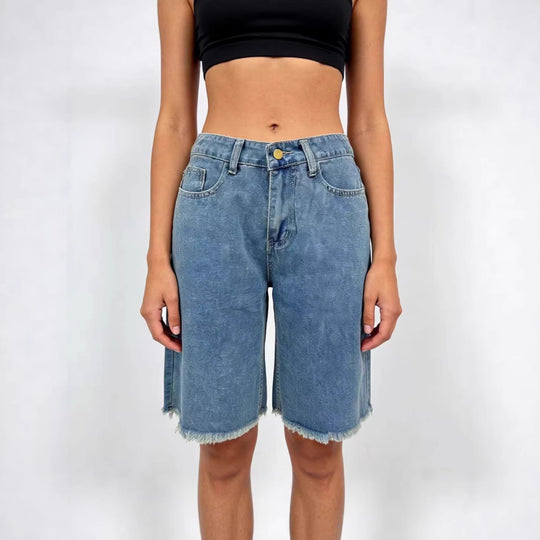 Damen lässige Denim-Shorts mit ausgefransten Säumen und hoher Taille EB