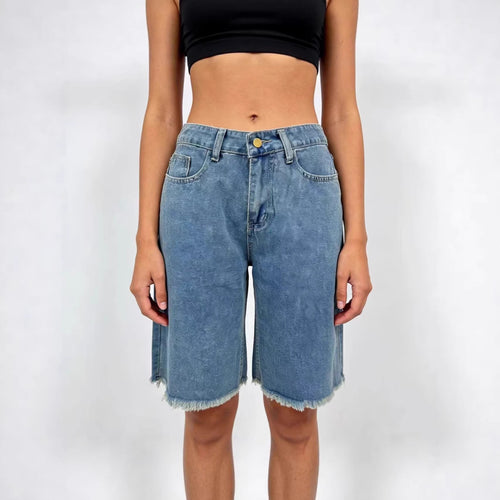 Damen lässige Denim-Shorts mit ausgefransten Säumen und hoher Taille EB
