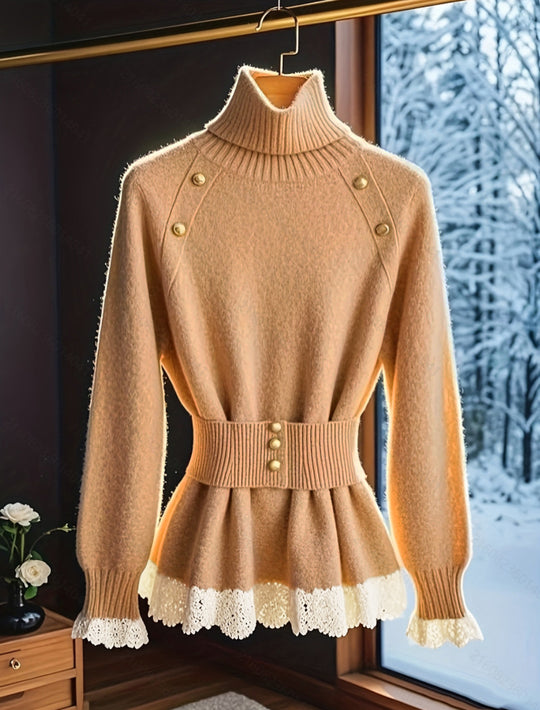 Damen eleganter Strickpullover mit hochgeschlossenem Kragen und dekorativen Knopfdetails EB