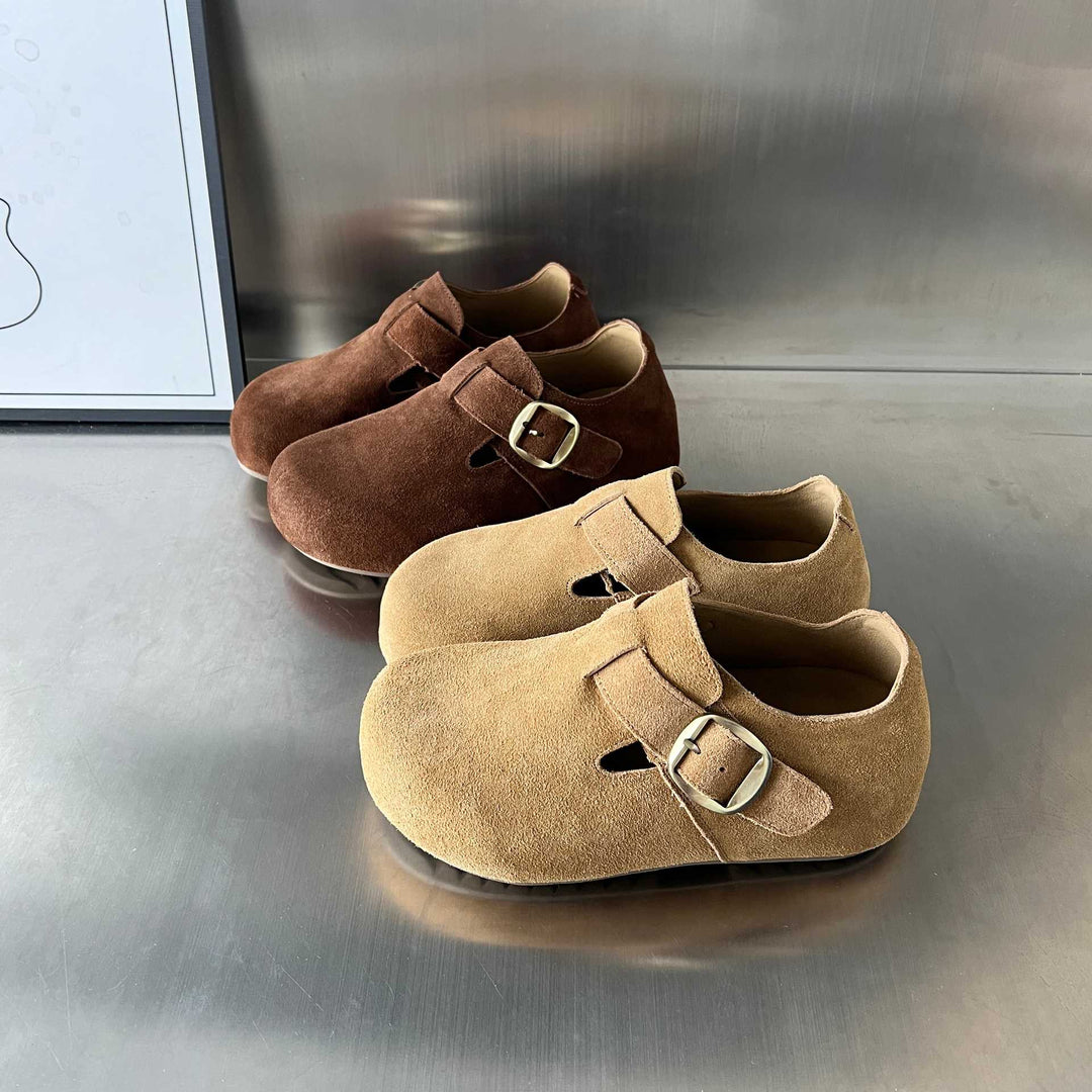 Damen bequeme Wildleder-Clogs mit elegantem Schnallenverschluss EB
