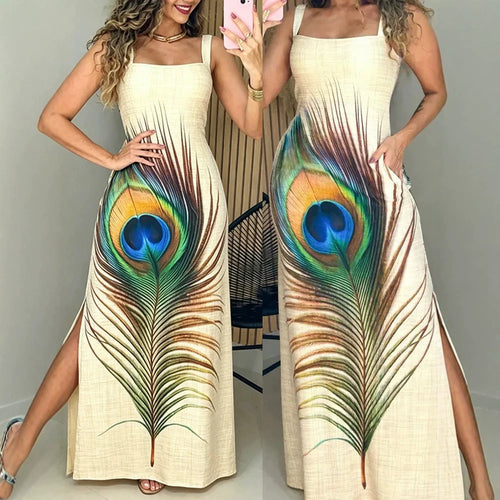 Damen Maxikleid mit grafischem Pfauenfeder-Druck und praktischen Seitentaschen EB