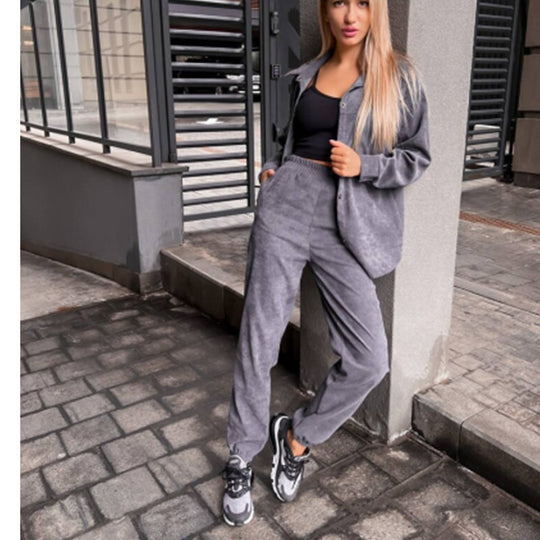 Damen bequeme Lounge-Set mit Knopfleiste und elastischen Bündchen EB