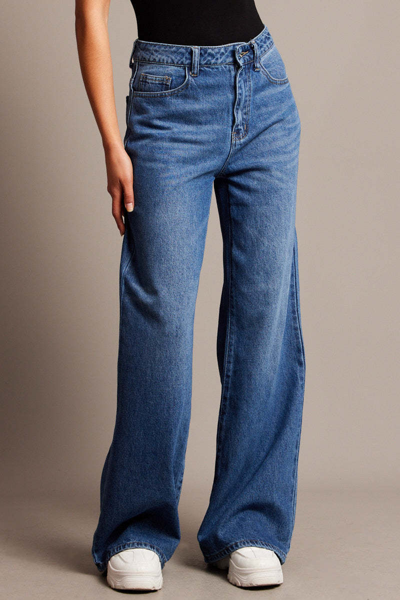 Damen Weit geschnittene High-Waist Jeans mit eleganten Falten EB