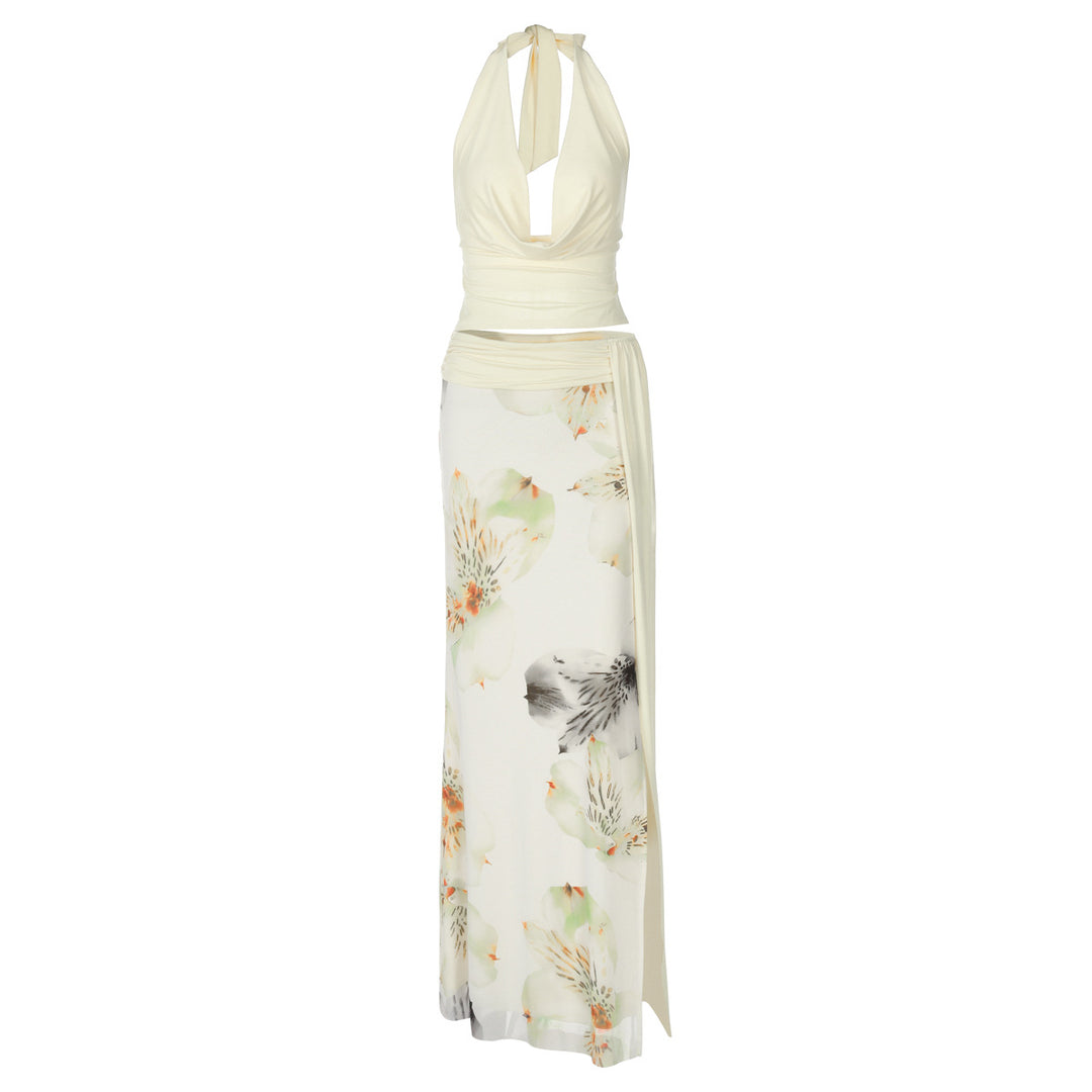 Damen Elegantes Maxikleid mit floralem Halterdesign und seitlichem Schlitz EB