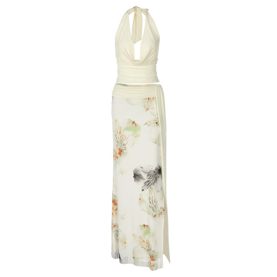 Damen Elegantes Maxikleid mit floralem Halterdesign und seitlichem Schlitz EB