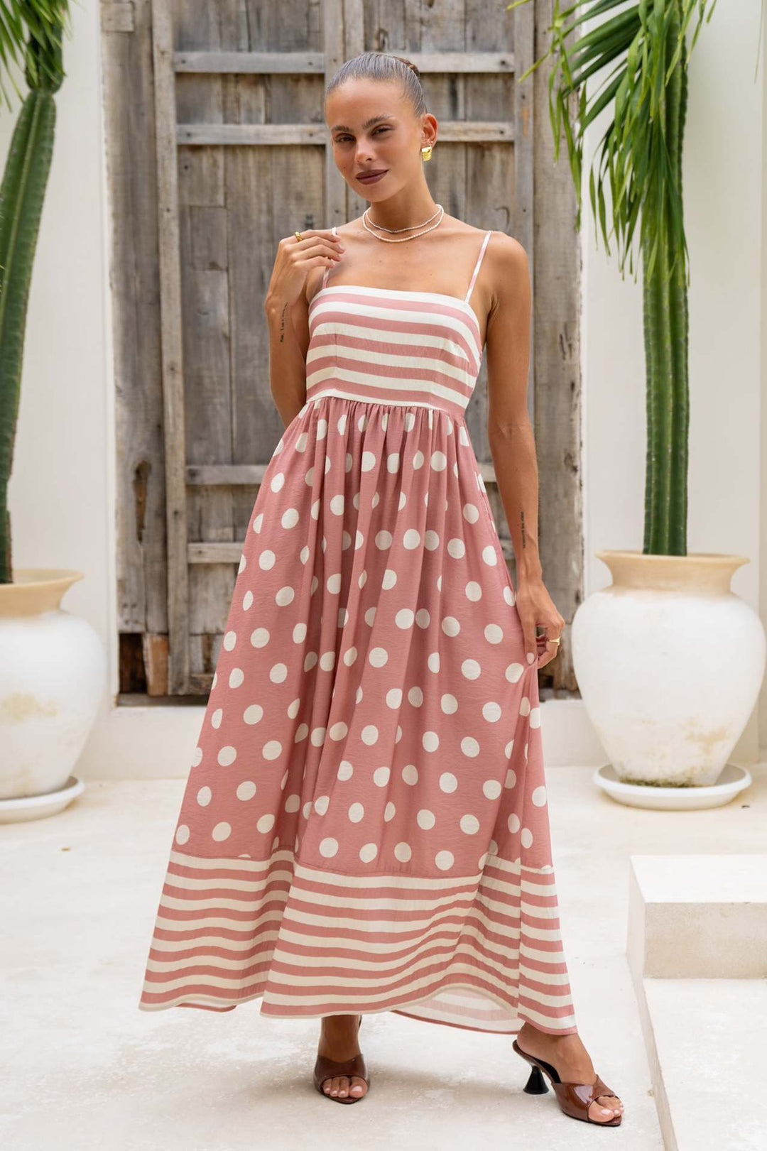 Damen Maxikleid mit verspieltem Streifendesign und großen Punkten EB
