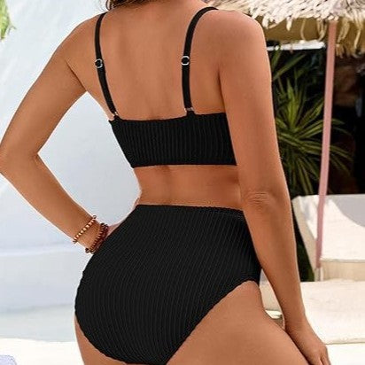 Damen hoch tailliertes Bikini-Set mit Rüschendetails und verstellbaren Trägern EB