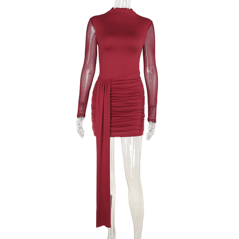 Damen elegantes, figurbetontes Minikleid mit langem Arm und asymmetrischem Saum EB