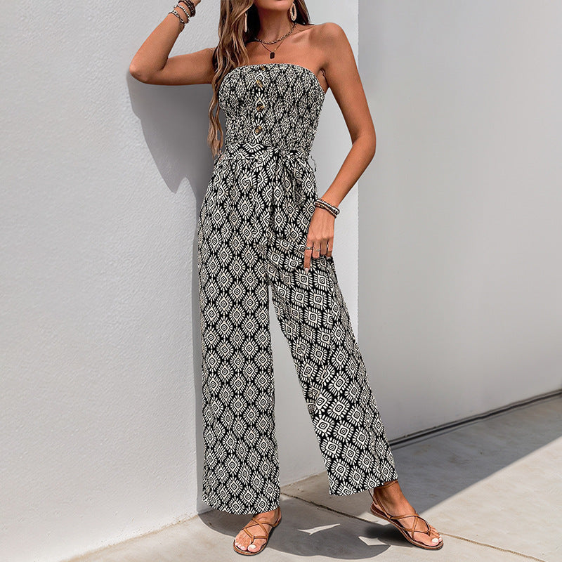 Damen Alltagsjumpsuit mit elastischem Oberteil und modischem Muster EB