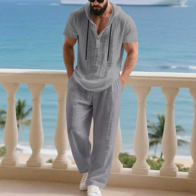 Herren komfortables Freizeit-Set mit modischem Henley-Oberteil und lockeren Hosen EB
