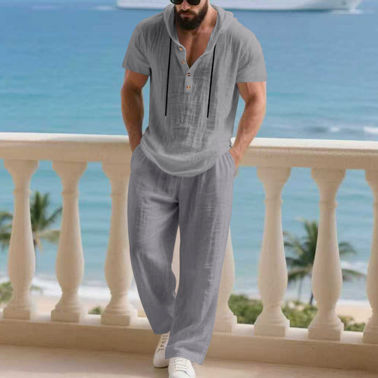 Herren komfortables Freizeit-Set mit modischem Henley-Oberteil und lockeren Hosen EB