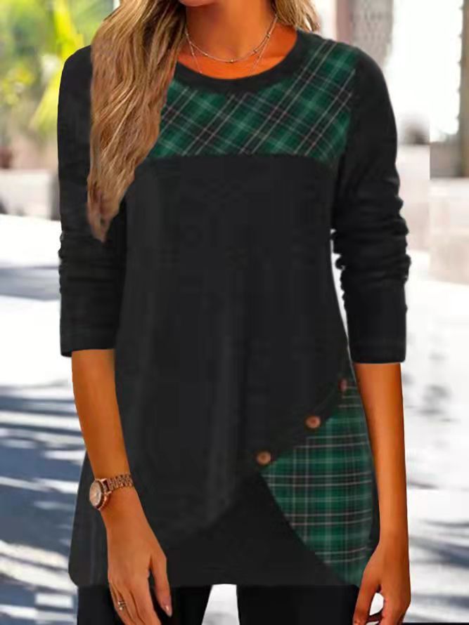 Damen Asymmetrische Tunika mit Karopatch und Zierknöpfen EB