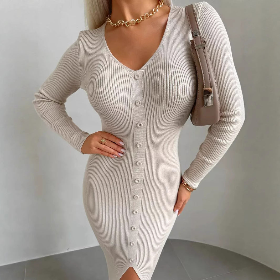 Damen Strickkleid mit V-Ausschnitt und Knopfleiste EB