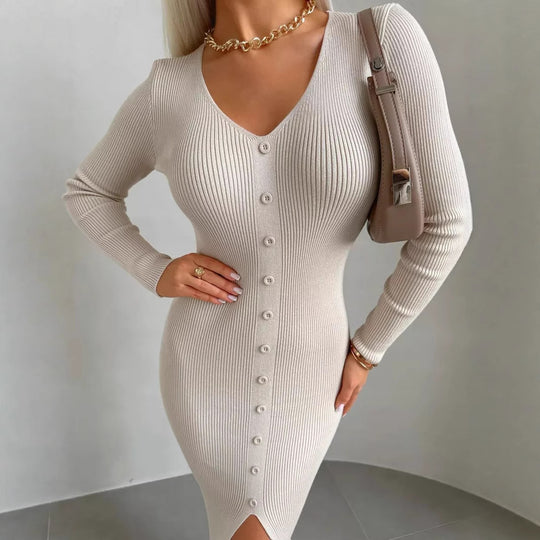 Damen Strickkleid mit V-Ausschnitt und Knopfleiste EB