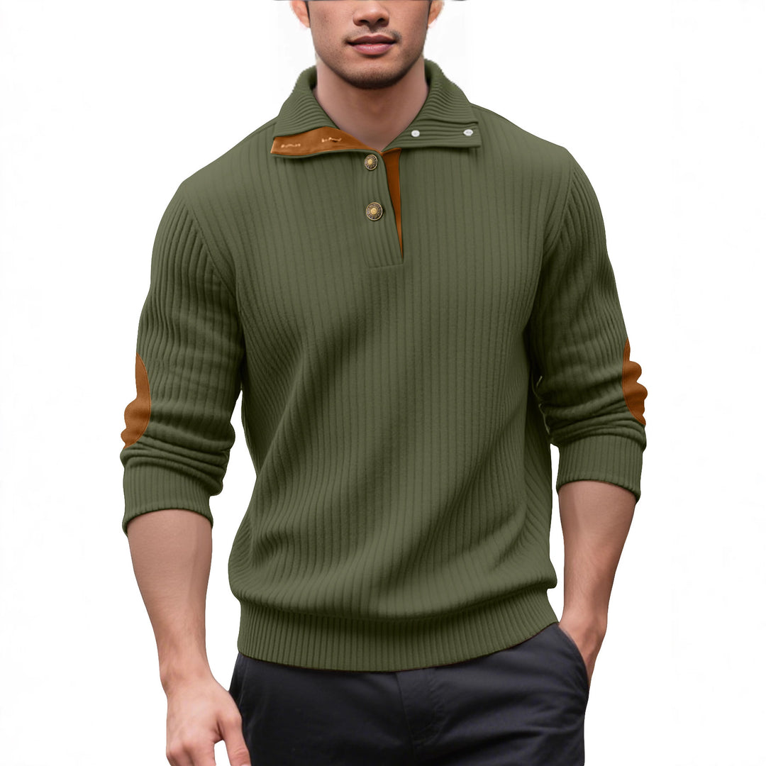 Herren nan Rippstrick-Halbknopf-Pullover mit Kentkragen und Lederbesatz EB